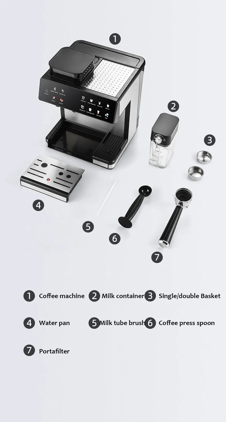 Black and silver espresso coffee machine with milk container, portafilter, tamper, and accessories on white background.