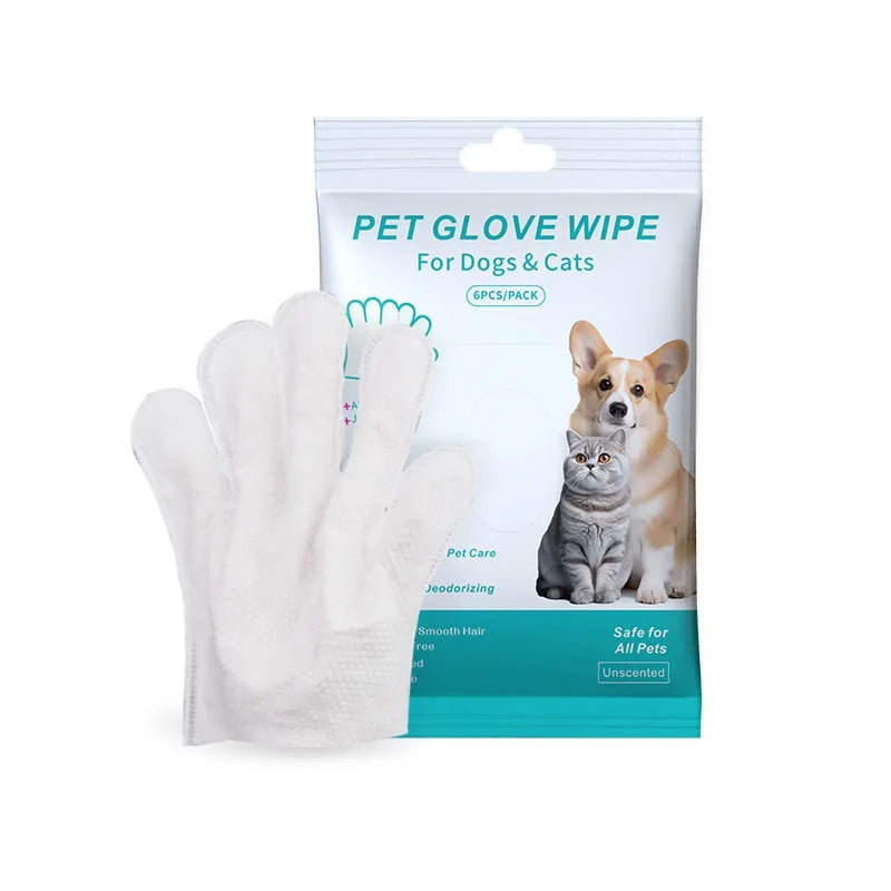6-pack white pet bath cleaning gloves for dogs and cats. Wash-free, deodorizing wipes for easy pet grooming.