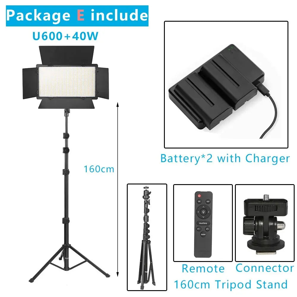 U600 LED video light kit with 160cm tripod stand, two batteries, charger, remote, and mount connector.