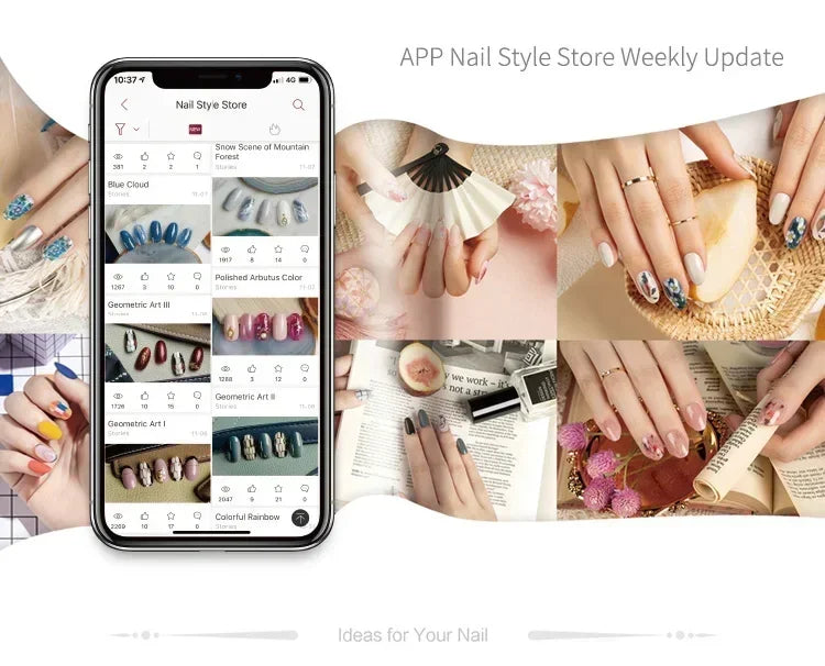 Smart mobile nail printer app interface showing 3D nail art designs for DIY home salon or professional beauty use.
