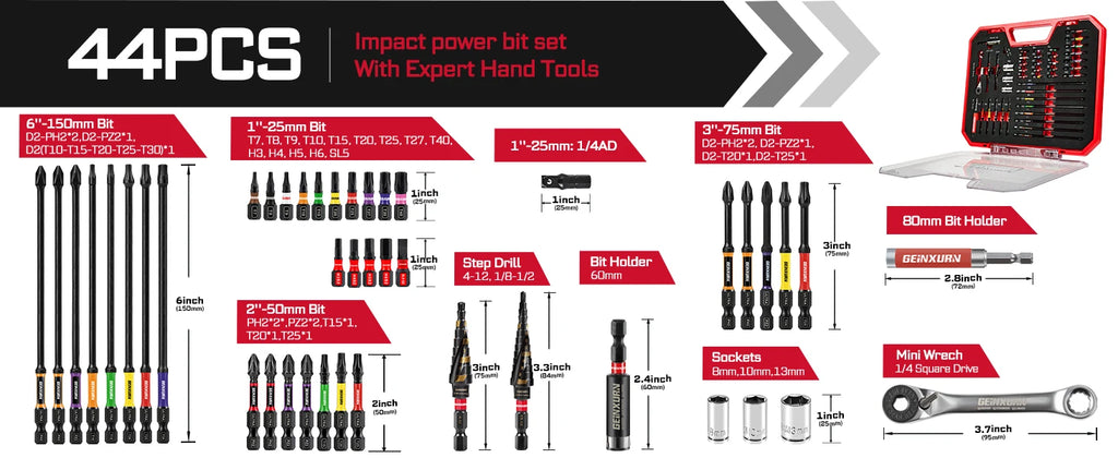 Geinxurn Tools Set Packaged with Screwdriver Bit,Mini Wrench,Socket Driver,Step Drill,Socket Adapter and Bit Holder for DIY