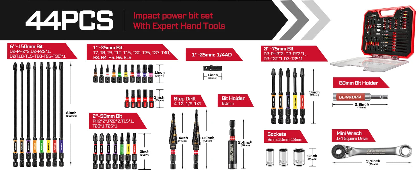 Geinxurn Tools Set Packaged with Screwdriver Bit,Mini Wrench,Socket Driver,Step Drill,Socket Adapter and Bit Holder for DIY