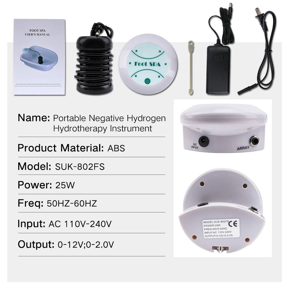 Ionic detox foot spa machine set with white controller, black array, power cord, and manual for home health massage.