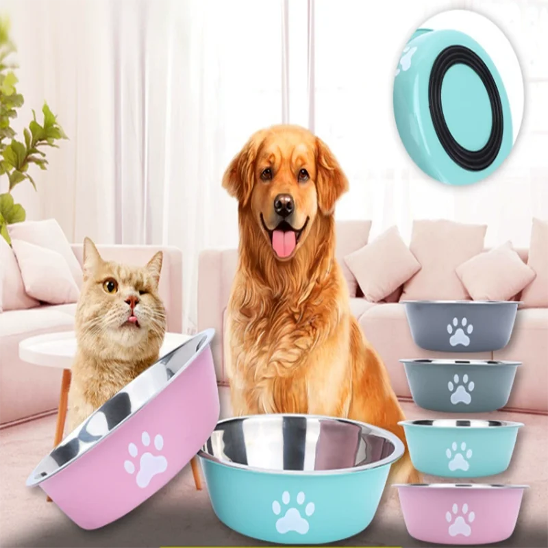 Large anti-slip stainless steel dog and cat bowl in pink and blue for durable, rust-proof pet feeding.