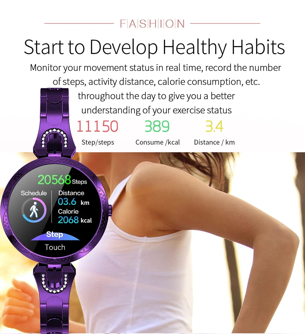 Fashion Ladies Smart Watch Luxury Women Bluetooth Wristband Waterproof Blood Pressure Fitness Tracker Bracelet Crystal Watch