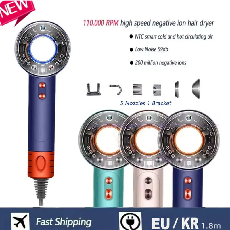 High-speed negative ion hair dryer with 5 nozzles and bracket, available in blue, green, and pink. Professional blower.