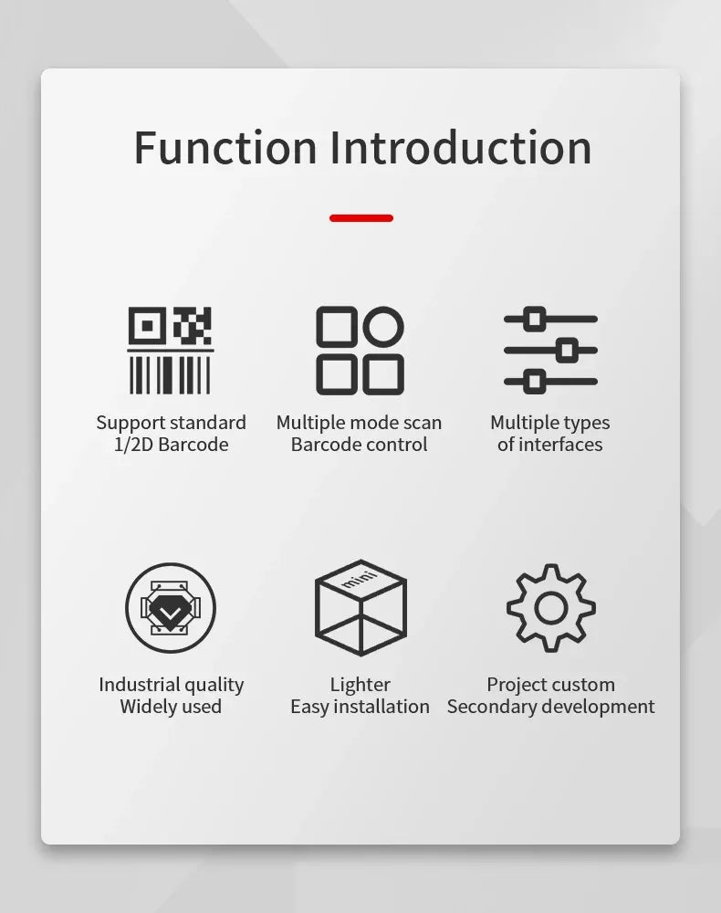 Function introduction card for embedded 1/2D barcode scanner with barcode and interface icons