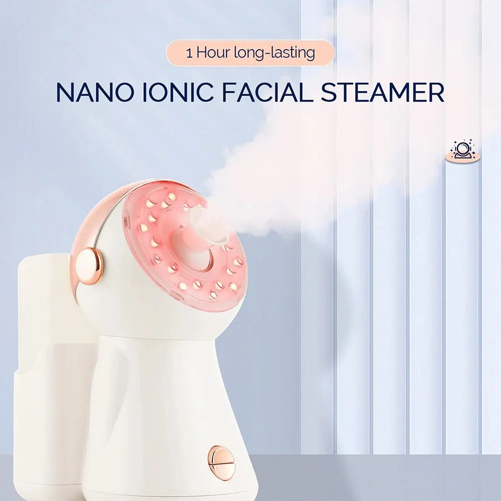 Nano ionic facial steamer with red light therapy and mist nozzle for home spa pore cleaning and skin brightening.