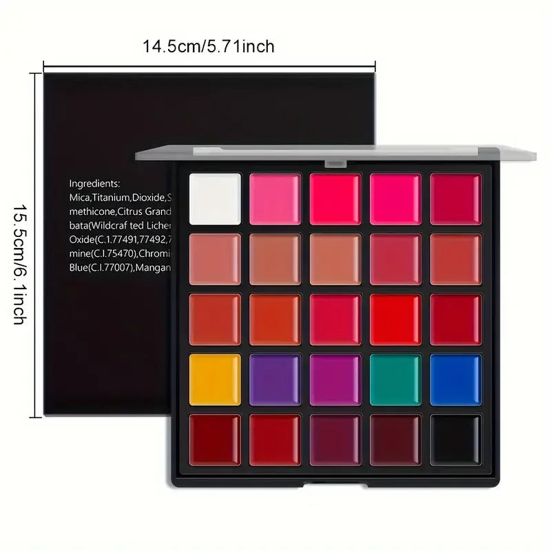 25-color lipstick palette with waterproof, long-lasting creamy shades for versatile lip makeup and professional looks.