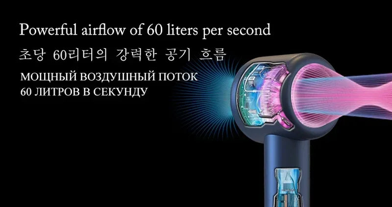 1600W blue leafless hair dryer showing internal airflow mechanism for powerful, constant negative ion styling.