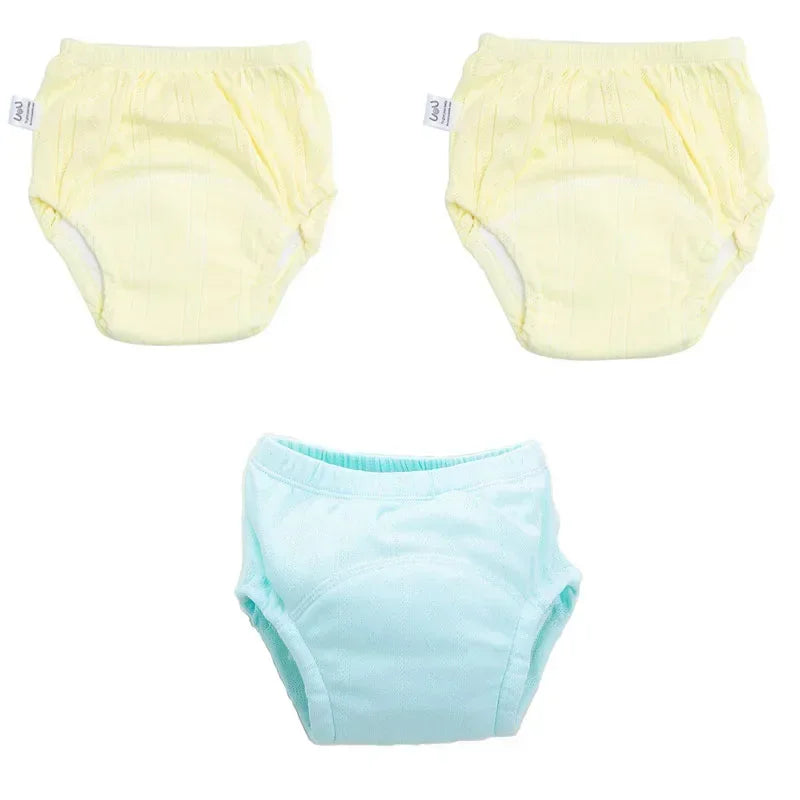 Set of 3 baby potty training underwear in yellow and blue, cotton absorbent cloth diaper pants for toddlers.