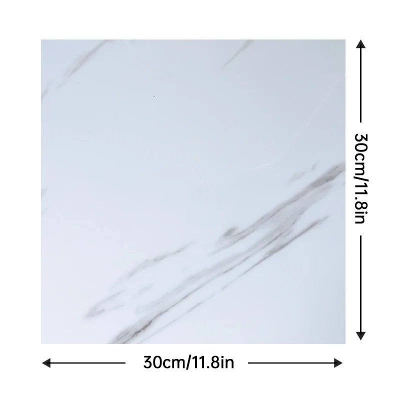 Peel-and-stick marble tile, white with light gray diagonal veining, square 30cm x 30cm
