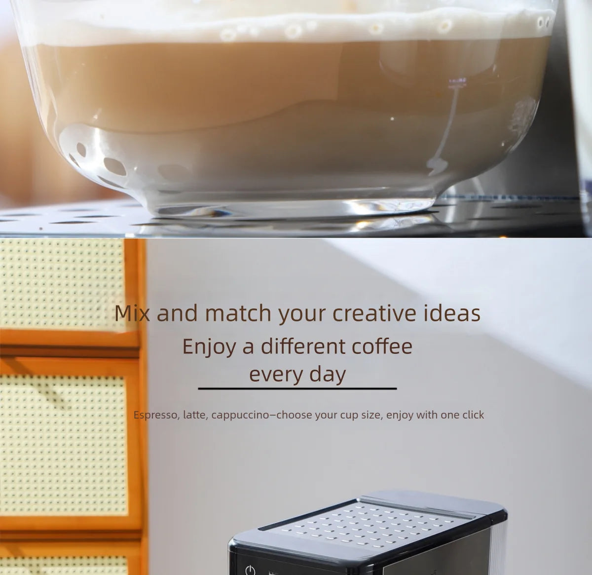 Black espresso machine brewing a latte in a glass cup with marketing text about one-click coffee customization.