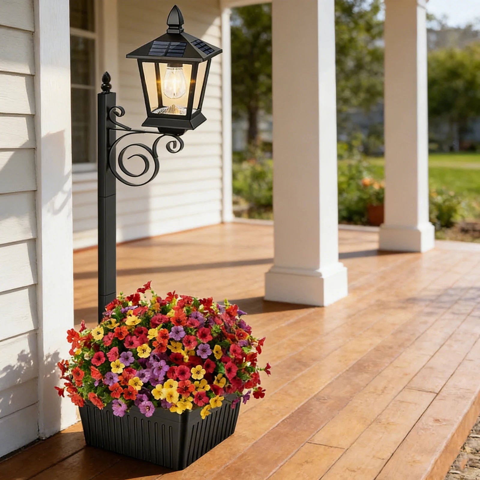2 In 1 Outdoor Flower Pots Light with Planter Freestanding Planters Lamp Decorative Solar Lamp for Outside/Front Door/Yard/Lawn