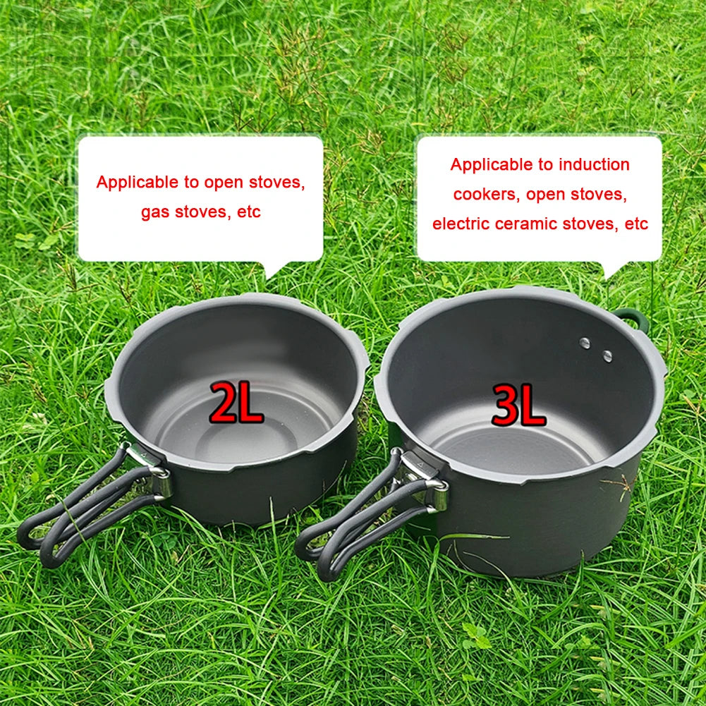 2L and 3L pressure cookers with wide round bodies and folding handles on grass