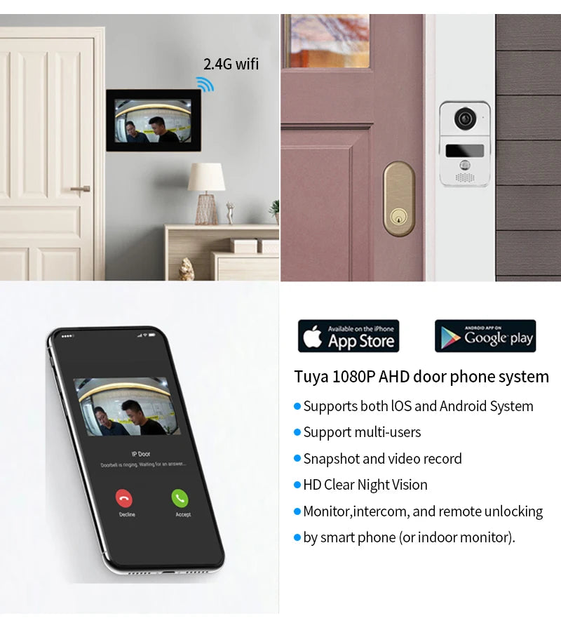 Support Tuya app WiFi visual intercom doorbell system 7/10 inch touch screen indoor monitoring intelligent villa home security