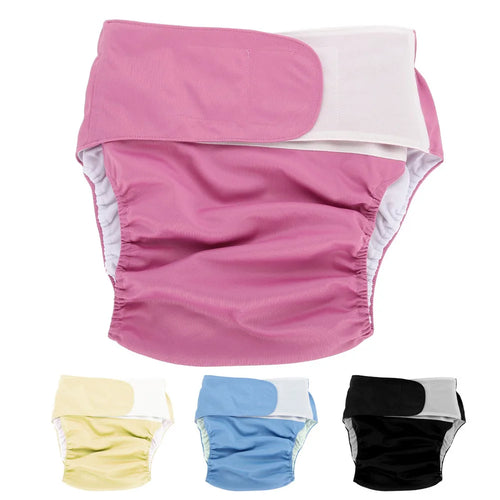 Reusable cloth baby diaper with hook-and-loop closure, available in pink, yellow, blue, and black colors.