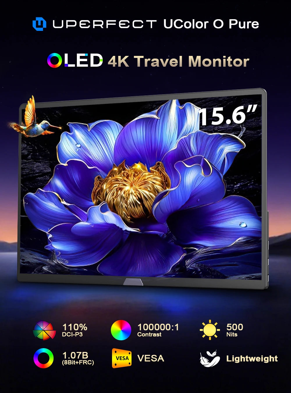 Uperfect 15.6" 4K OLED Screen Portable Monitor 100% DCI-P3 Display 1MS Eye Care PC 60hz For Laptop Mac NUC Mini PC VESA LS Stand
