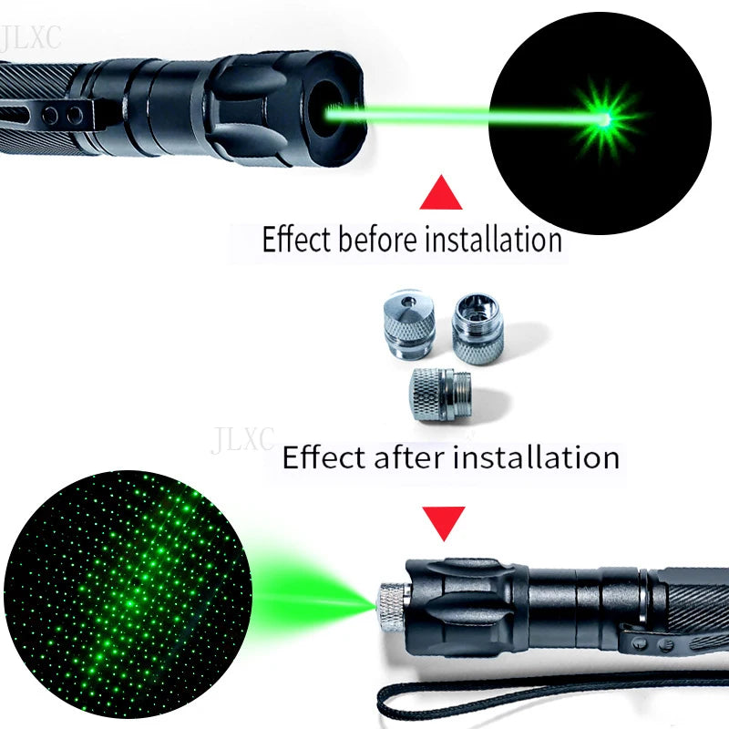 Black metal green laser pointer for cats with 5 adjustable pattern caps for interactive pet play and exercise.