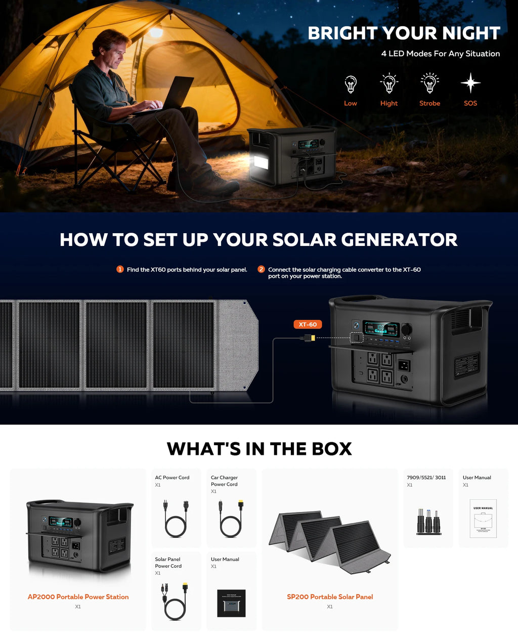 CTOLITY AP2000 2400W Portable Solar Generator Kit with Solar Panel 200W 2048Wh LiFePO4 Battery Power Station, AC Outlet, and Pure Sine Wave Emergency Power Supply for Camping Outdoor and RV Use