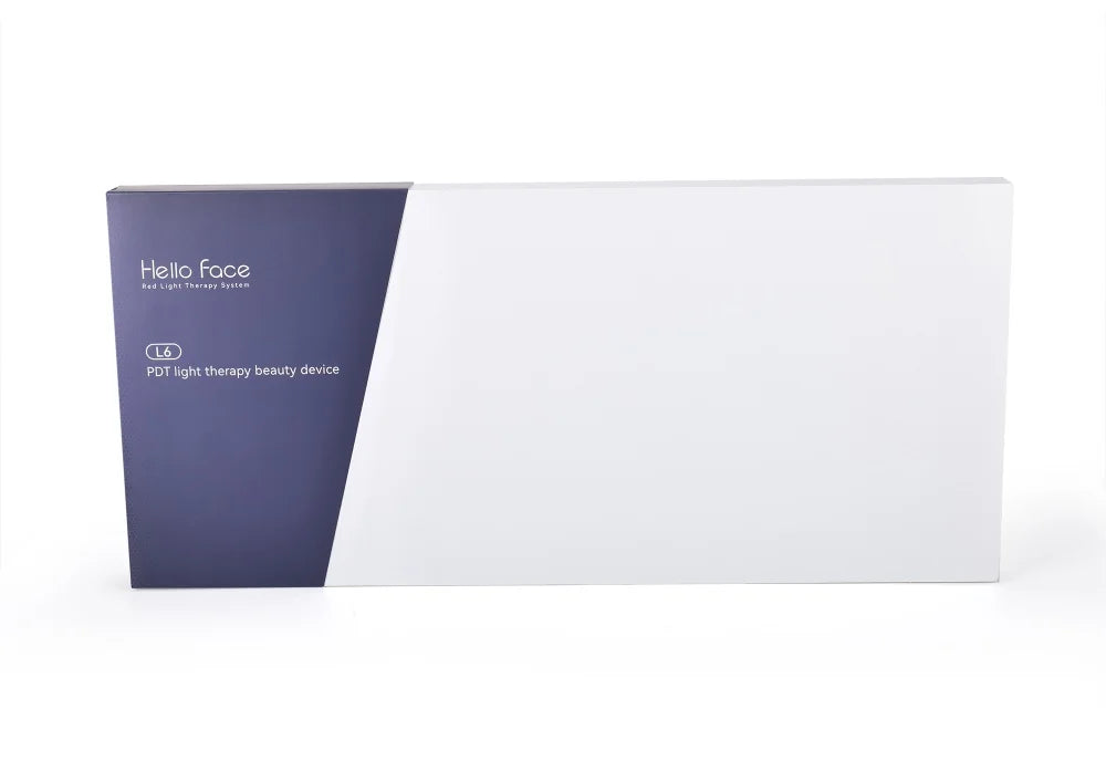 Rectangular white product box for Hello Face L6 LED light therapy device with blue branding on the left.