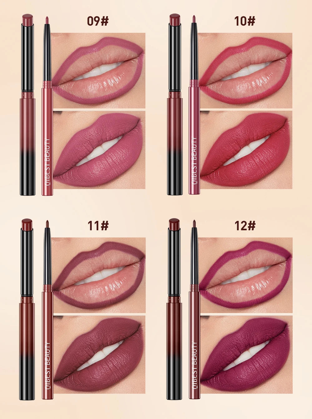 QIBEST 4-piece matte nude lipstick and waterproof lip liner set for long-lasting, defined lip makeup looks.