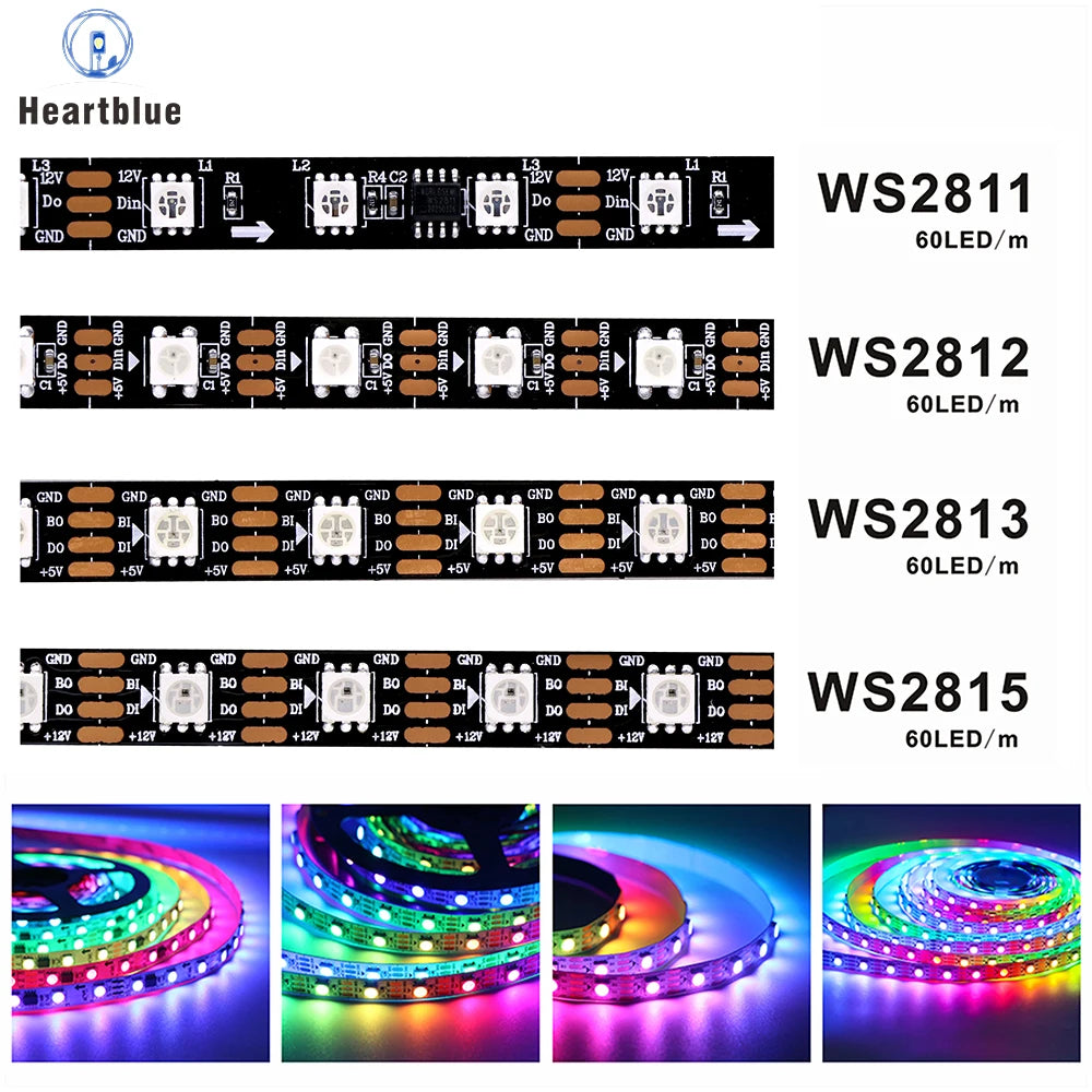 WS2811 WS2812 WS2813 WS2815 DC 5V 12V Color-Changing Addressable and Programmable LED Light Strips for Colorful Lighting