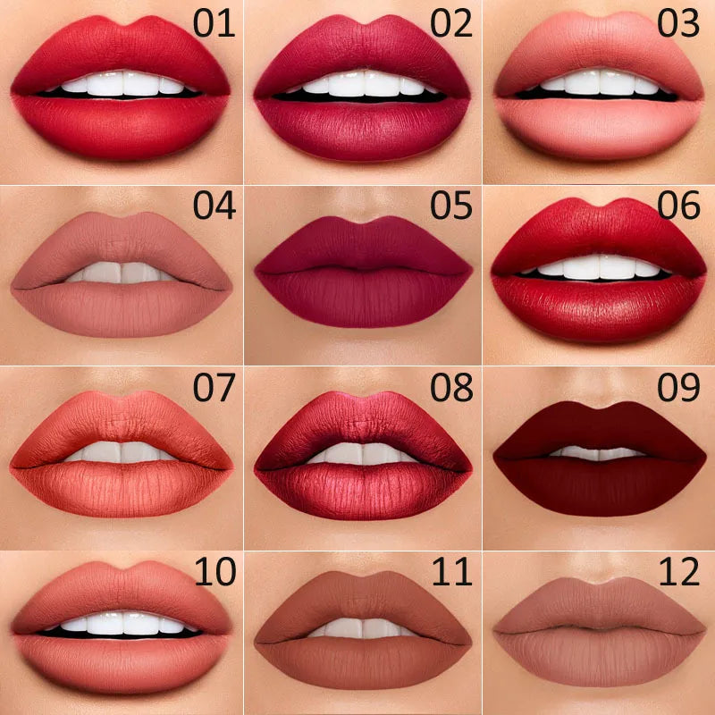 DNM 2-in-1 waterproof matte lipstick pencil set showing 12 long-lasting shades of nude, red, and berry lip makeup.