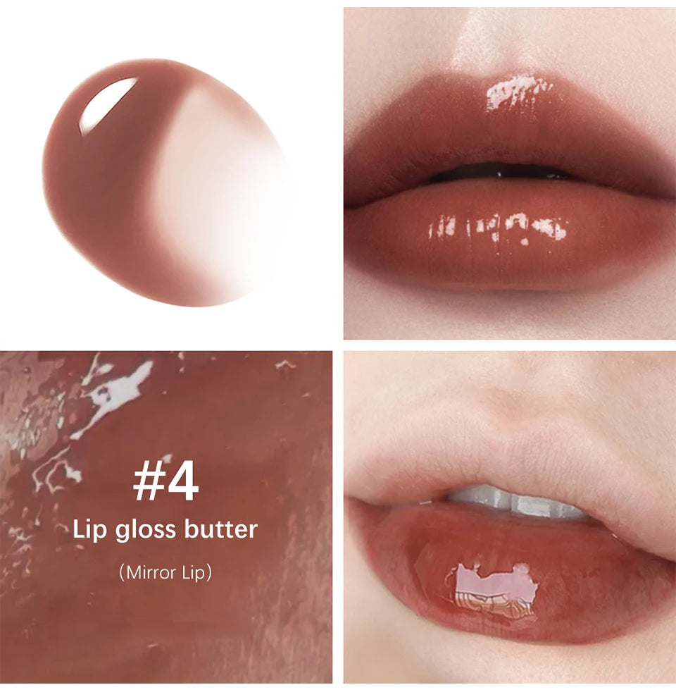 Moisturizing non-stick lip gloss with a high-shine mirror finish in a warm brown shade for long-lasting glossy lips.