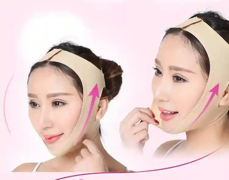 A woman wearing a beige, elastic V-line face slimming bandage strap that lifts the chin and cheeks.