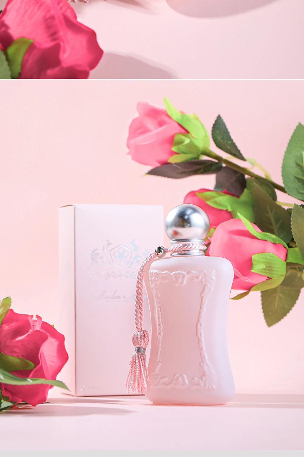 Luxury women's floral EDP perfume, 75ml pink bottle with tassel, elegant body spray, pheromone fragrance.