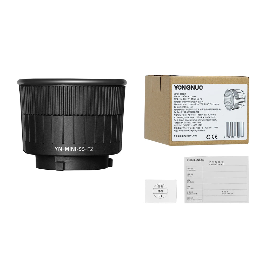 YN-MINI-55-F2 black plastic light reflector bowl for photography, with product box, inspection tag, and warranty card.