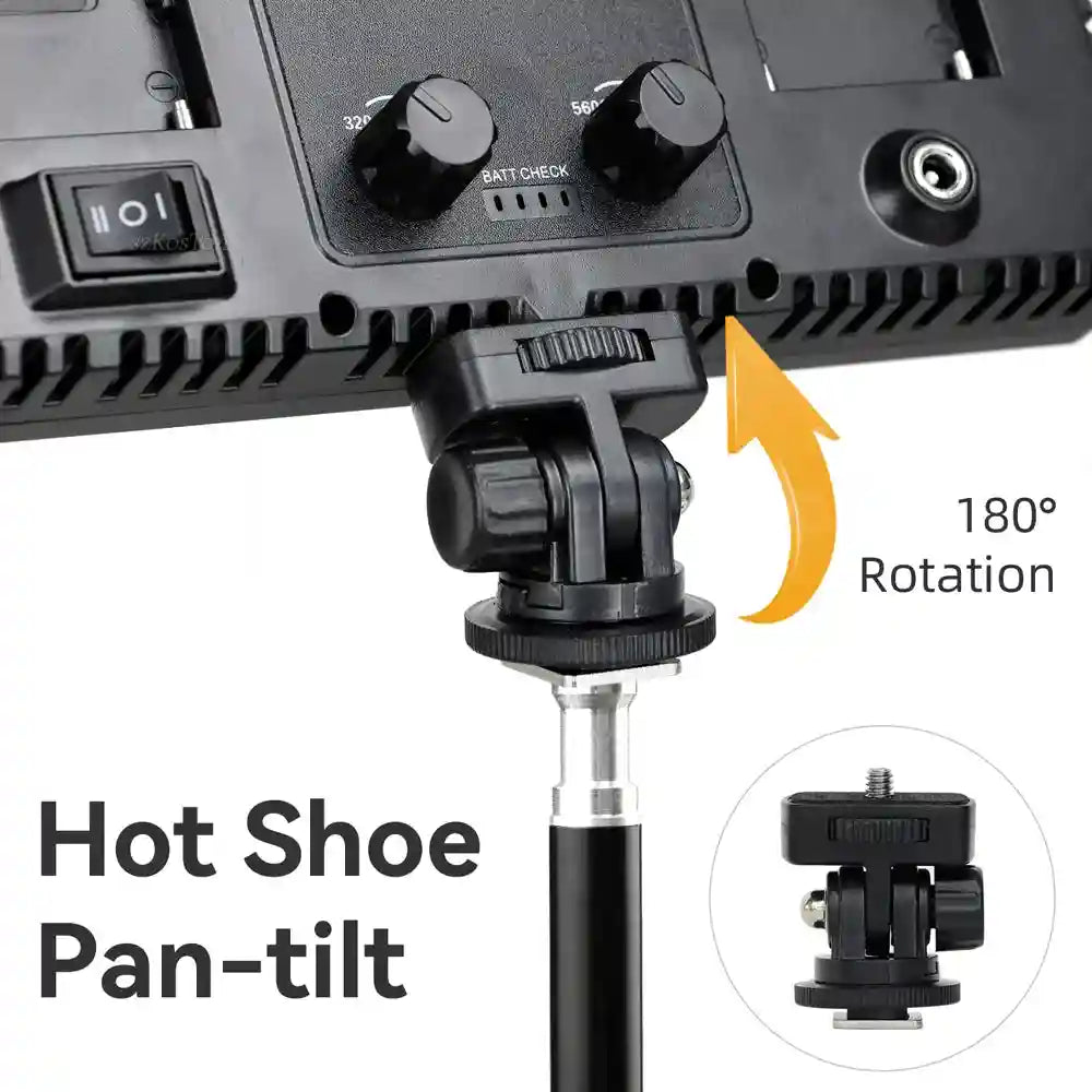 Black hot shoe pan-tilt mount for cameras and lighting, featuring an adjustable 180-degree pivot hinge.