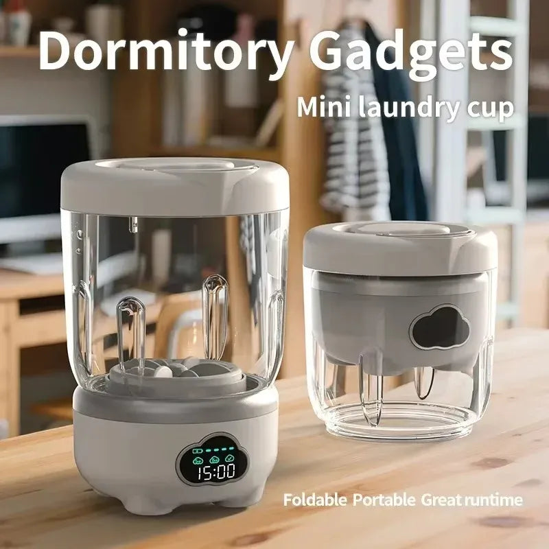 Mini washing machine, foldable portable laundry cup with digital timer display in white and clear plastic for travel.