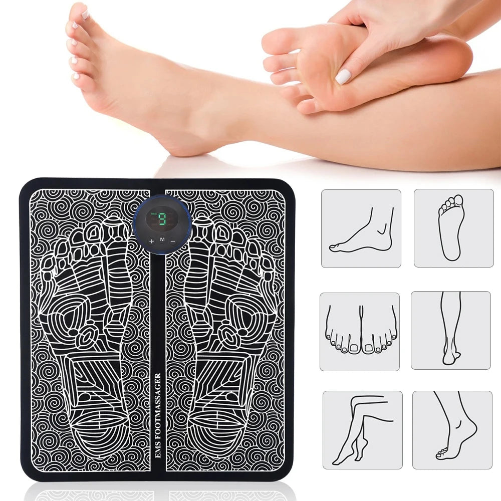 Black rechargeable EMS foot massage mat with digital display for home pain relief and muscle relaxation.