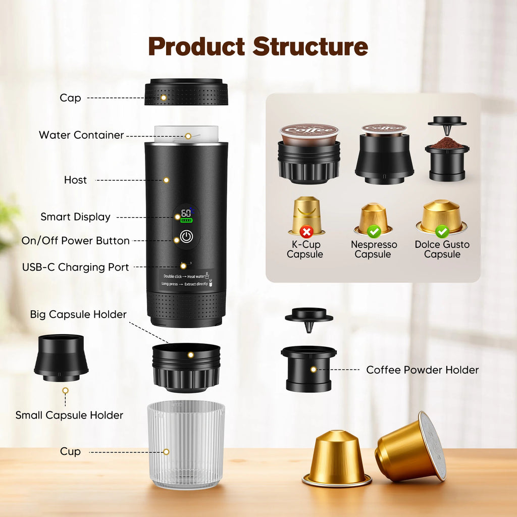 Black portable espresso maker with smart digital display, USB-C charging, and compatible capsule and powder holders.