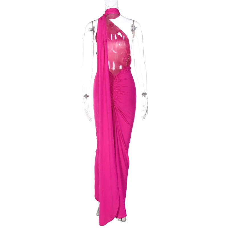 2023 One Shoulder Backless Adjustable Scarf Loop Ruched Sexy Maxi Dress Women Elegant Y2K Streetwear Festival Outfit