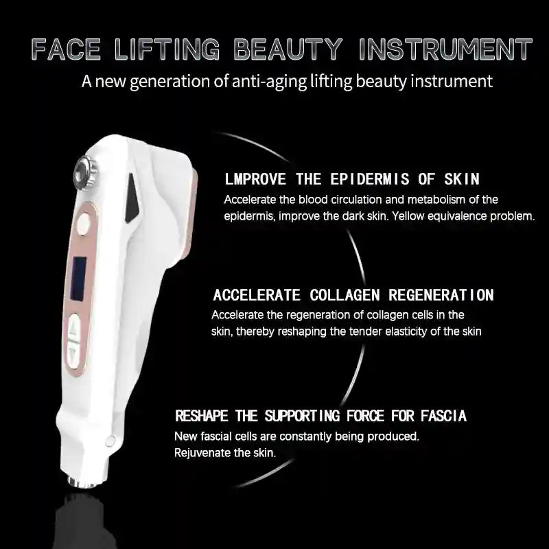 Portable white and rose gold Mini HIFU facial lifting machine for home anti-aging and skin tightening skincare.