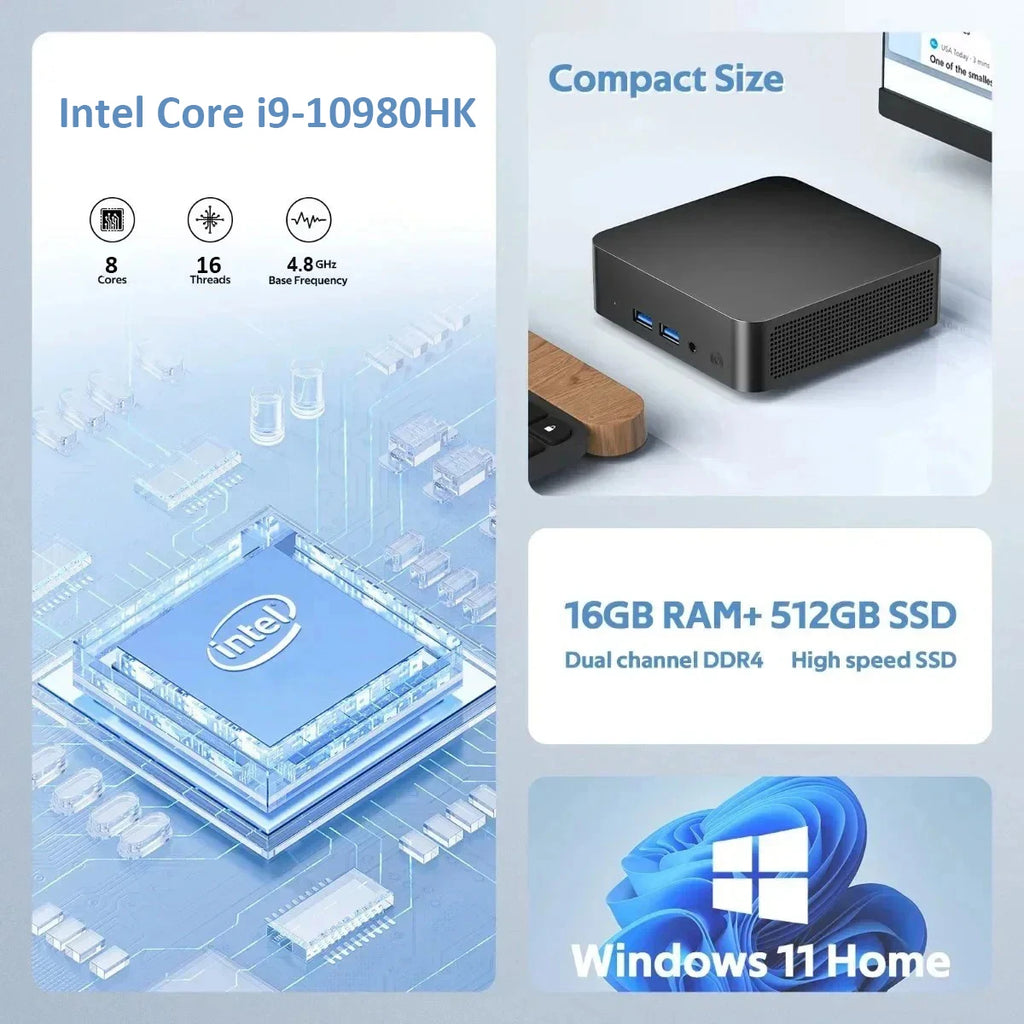 NEW MINI PC Computer Intel Core i9 10980HK 16GB DDR4 + 1/2TB M.2 SSD Windows11 Mini Gaming Pc Desktop Computer Support 4K HD
