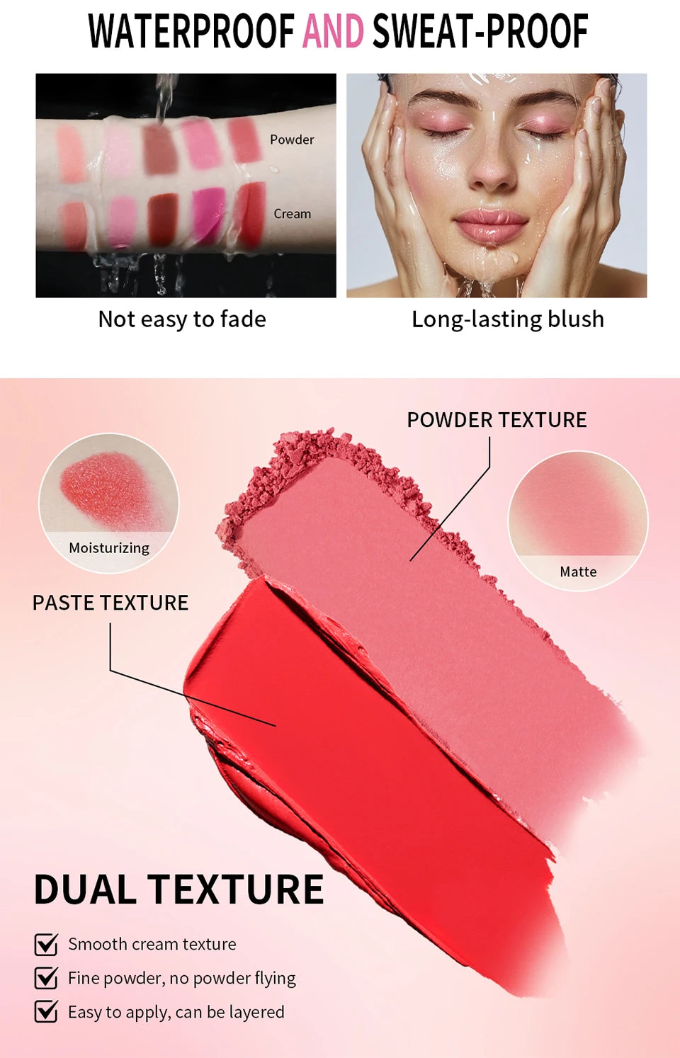 Tidesmit cream and powder blush palette in peach pink shades for long-lasting natural face makeup swatch