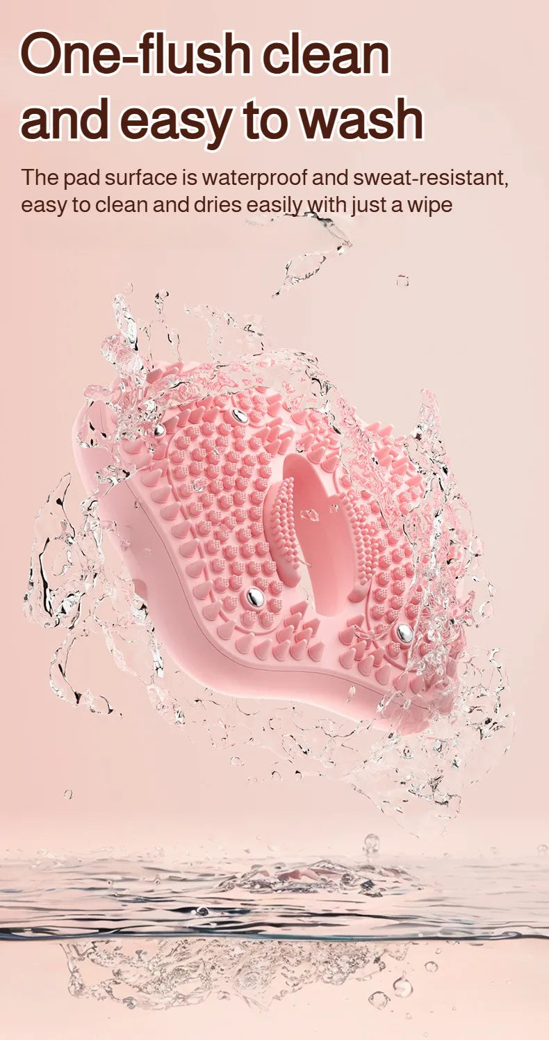 Pink, inflatable acupoint massage foot mat with magnetic stones, shown being rinsed with water.