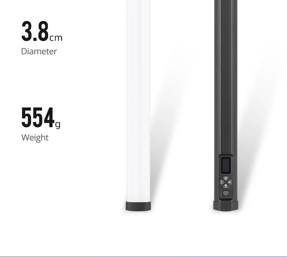 Handheld LED light tube with a 3.8 cm diameter, 554 g weight, and control buttons on a black cylindrical body.