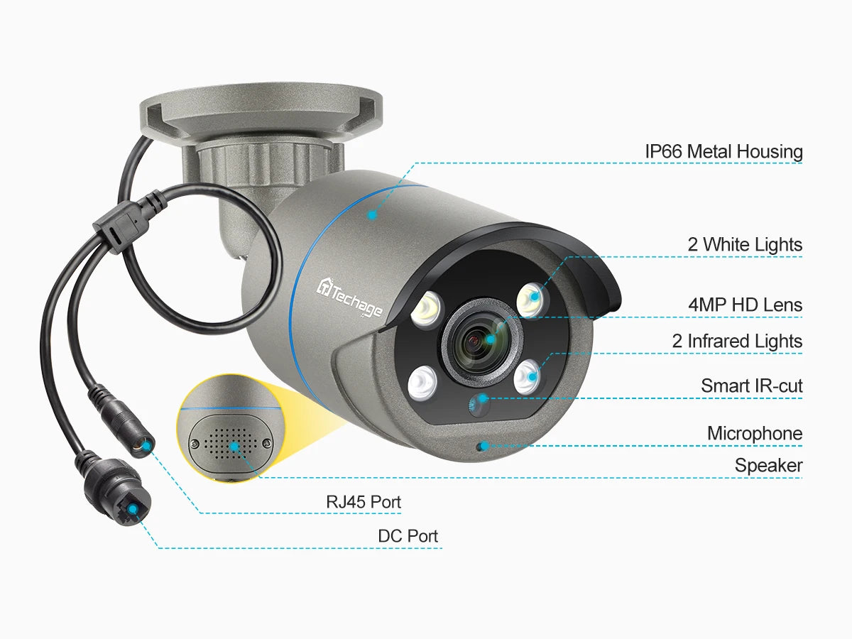 Techage H.265 4MP Two Way Audio POE IP Camera IP66 Waterproof Outdoor Video CCTV Security Surveillance Camera for POE NVR System