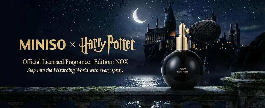 MINISO x Harry Potter Nox EDP: Unisex woody floral perfume, round black bottle with vintage atomiser pump, 50ml spray.