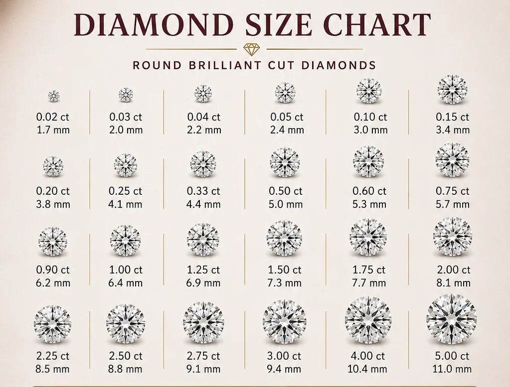 Round brilliant cut diamond size chart showing carat and millimeter measurements