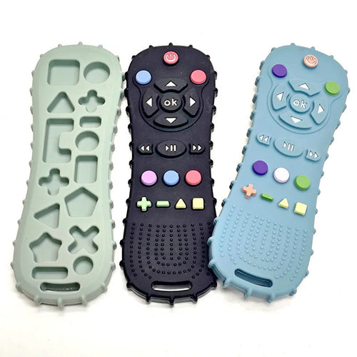 Green, black, and blue silicone baby teething toys shaped like TV remotes for infant gum relief.