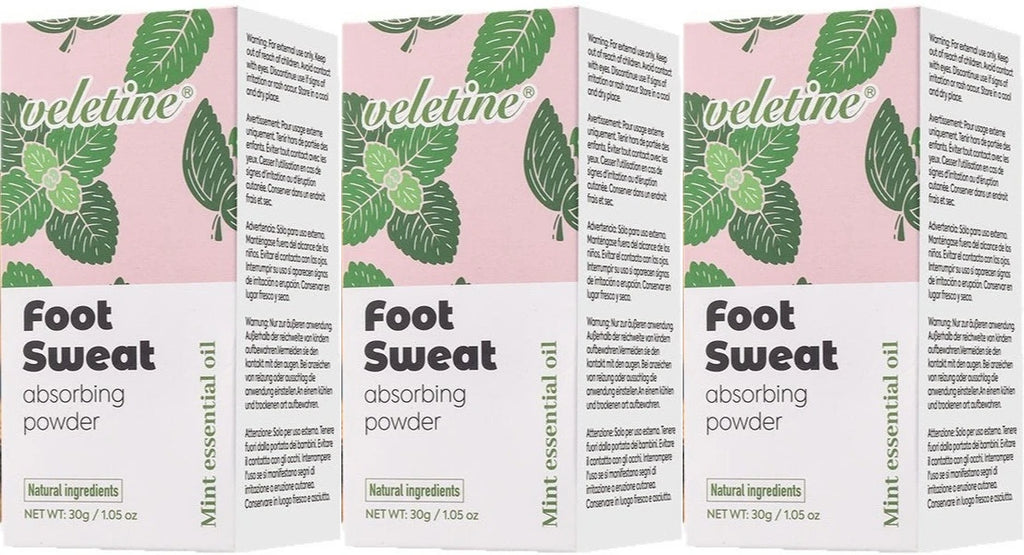 Tidesmit organic foot deodorant powder, 3-pack set for sweat absorption, odor elimination, and cool dry comfort.