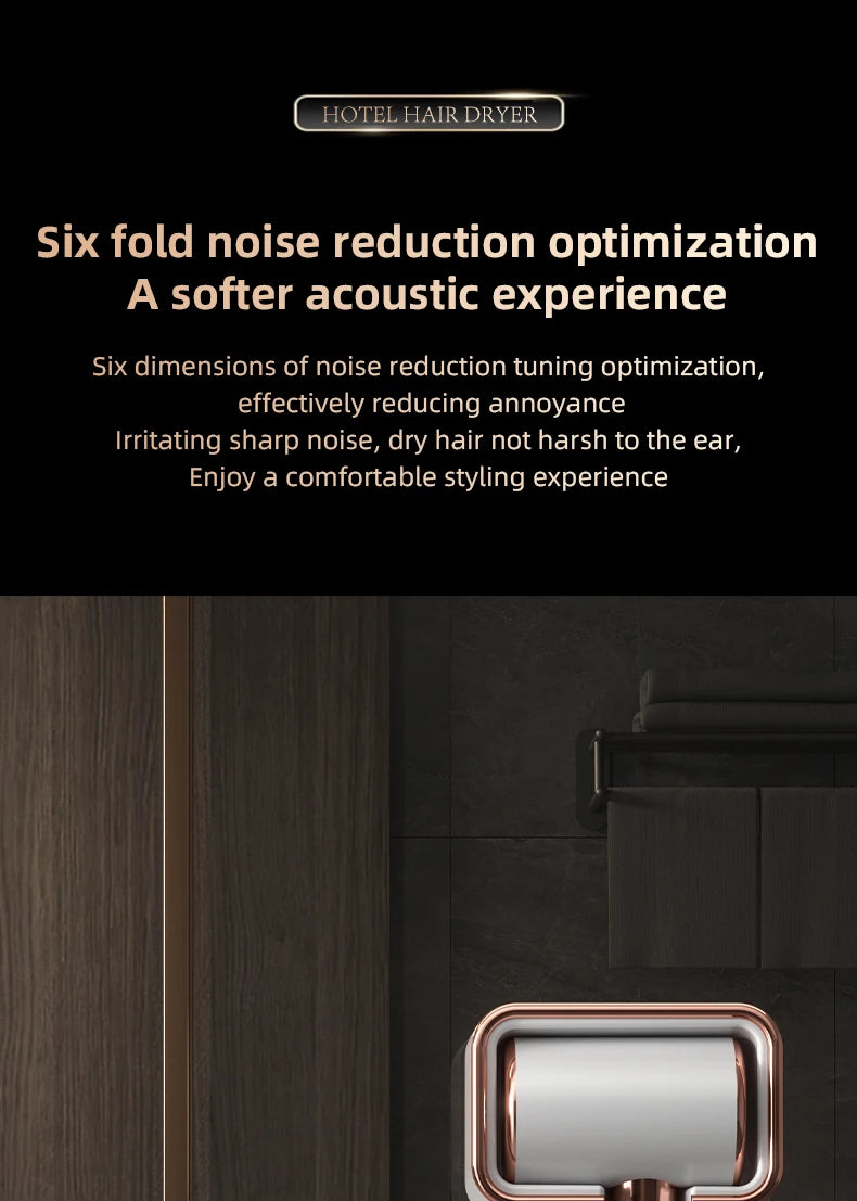 Wall-mounted, quiet, rose-gold hotel hair dryer with blue light technology for gentle, professional home hair care.