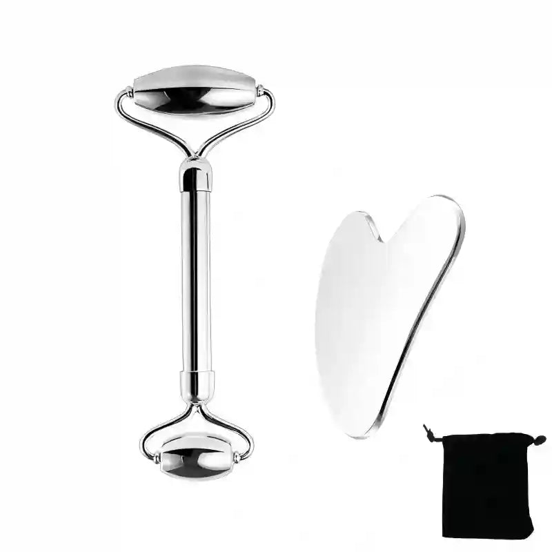 Polished stainless steel facial roller and heart-shaped gua sha tool with a black storage pouch on a white background.