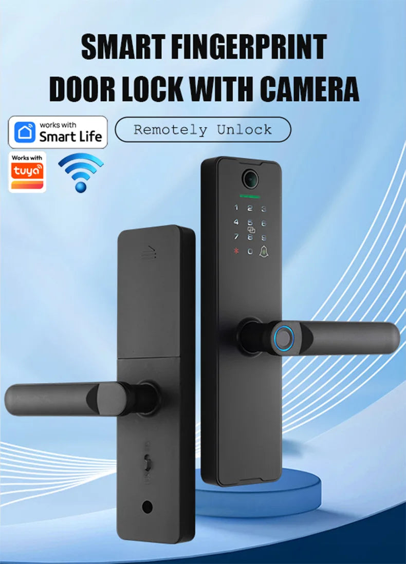 WAFU Tuya Smart Life WIFI Remotely Unlock Biometric Fingerprint Door Lock Visible Digital Electronic Card Door Lock with Camera